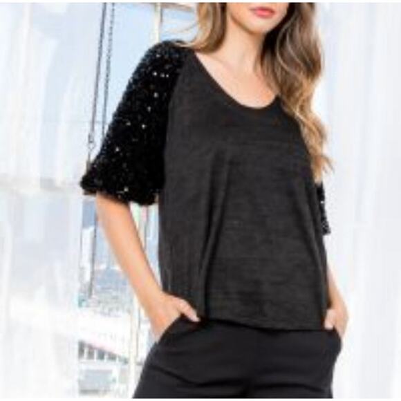 THML Black Knit Top SMALL Sequin Sleeve Sweater V Neck Chic Party Holiday Glam - Picture 1 of 8